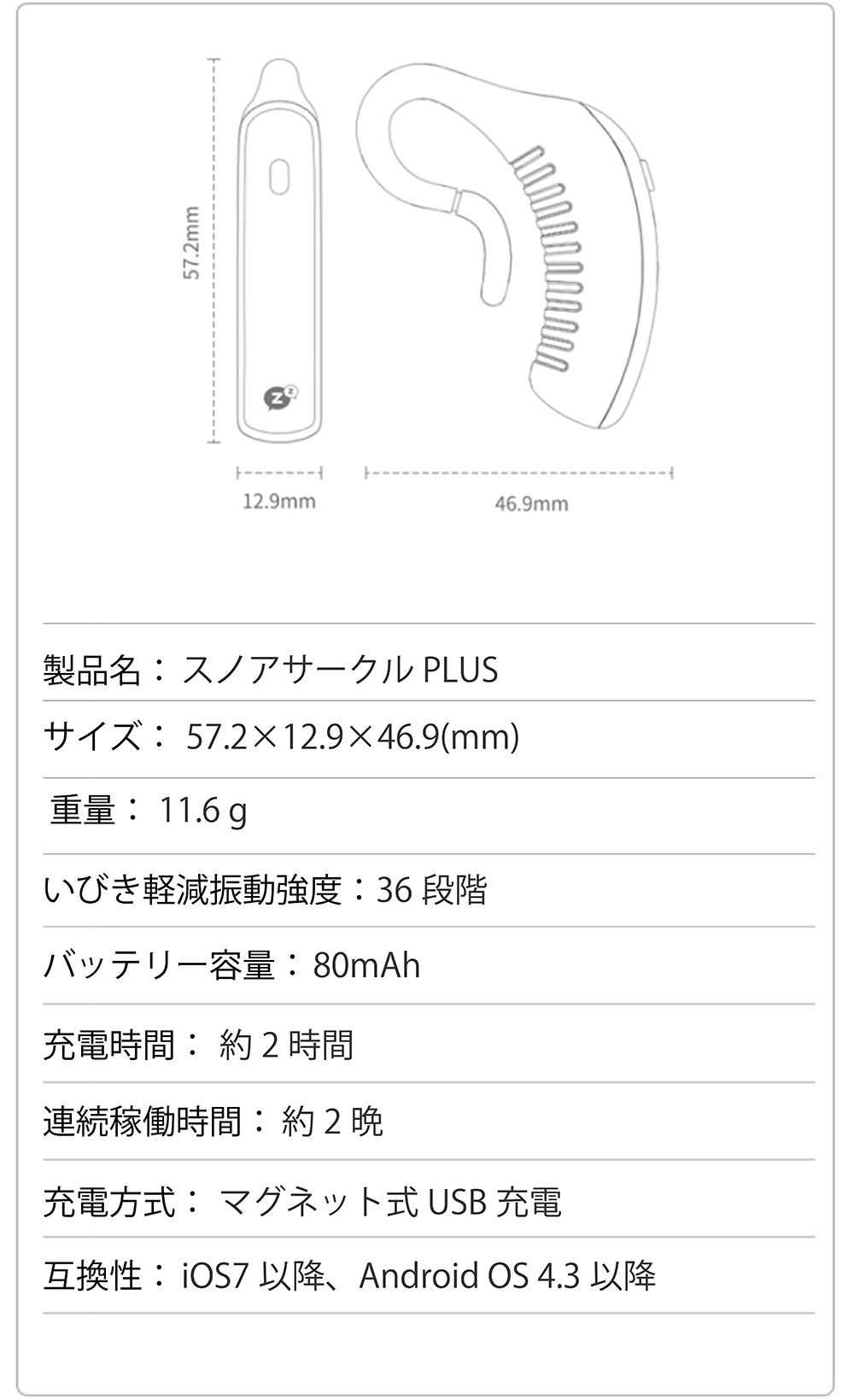 製品仕様
製品名：スノアサークル PLUS
サイズ：57.2×12.9×46.9(mm)
重量：11.6g
いびき軽減振動強度：36段階
バッテリー容量：80mAh
充電時間：約2時間
連続稼働時間：約2晩
充電方式：マグネット式USB充電
互換性：iOS7以降、AndroidOS4.3以降