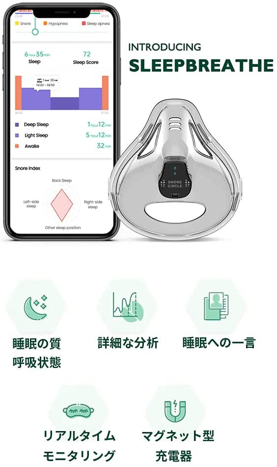 スリープブレスの紹介（主な特徴）
睡眠の質・呼吸状態
詳細な分析
睡眠への一言
リアルタイムモニタリング
マグネット型充電器