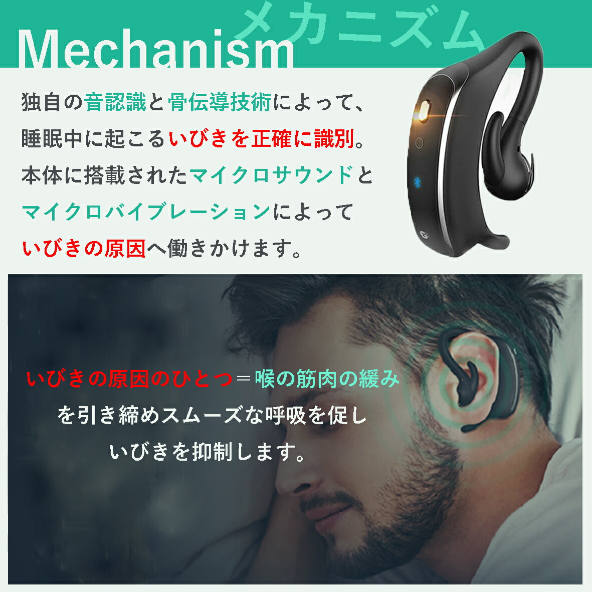 独自の音認識と骨伝導技術によって、睡眠中に起こるいびきを正確に識別。
本体に搭載されたマイクロサウンドとマイクロバイブレーションによっていびきの原因へ働きかけます。

いびきの原因のひとつ＝喉の筋肉の緩みを引き締め、スムーズな呼吸を促し、いびきを抑制します。