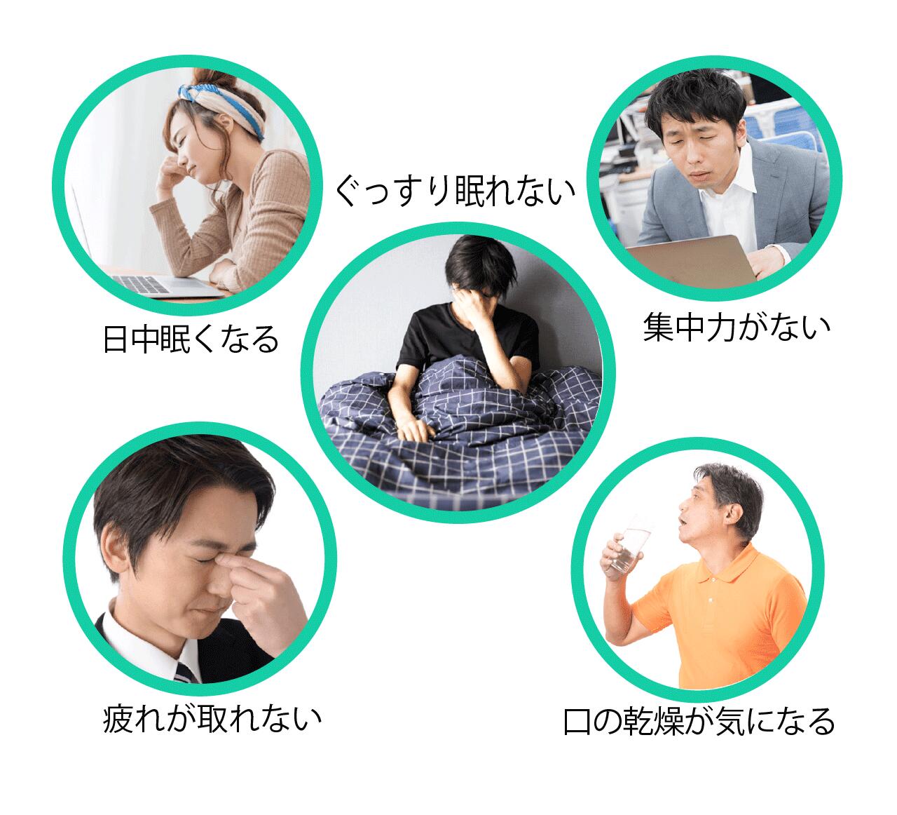 疲れが取れない
日中眠くなる
ぐっすり眠れない
集中力がない
口の乾燥が気になる