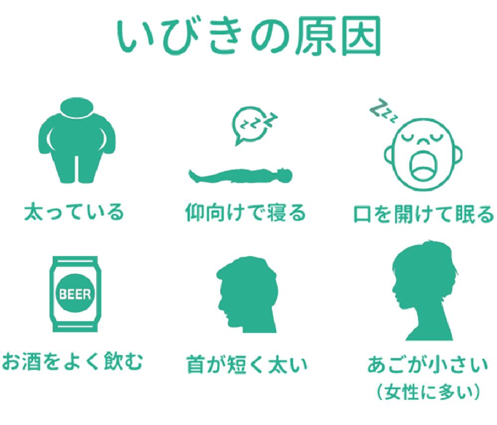 いびきの原因
・太っている
・仰向けで寝る
・口を開けて眠る
・お酒をよく飲む
・首が短く太い
・あごが小さい